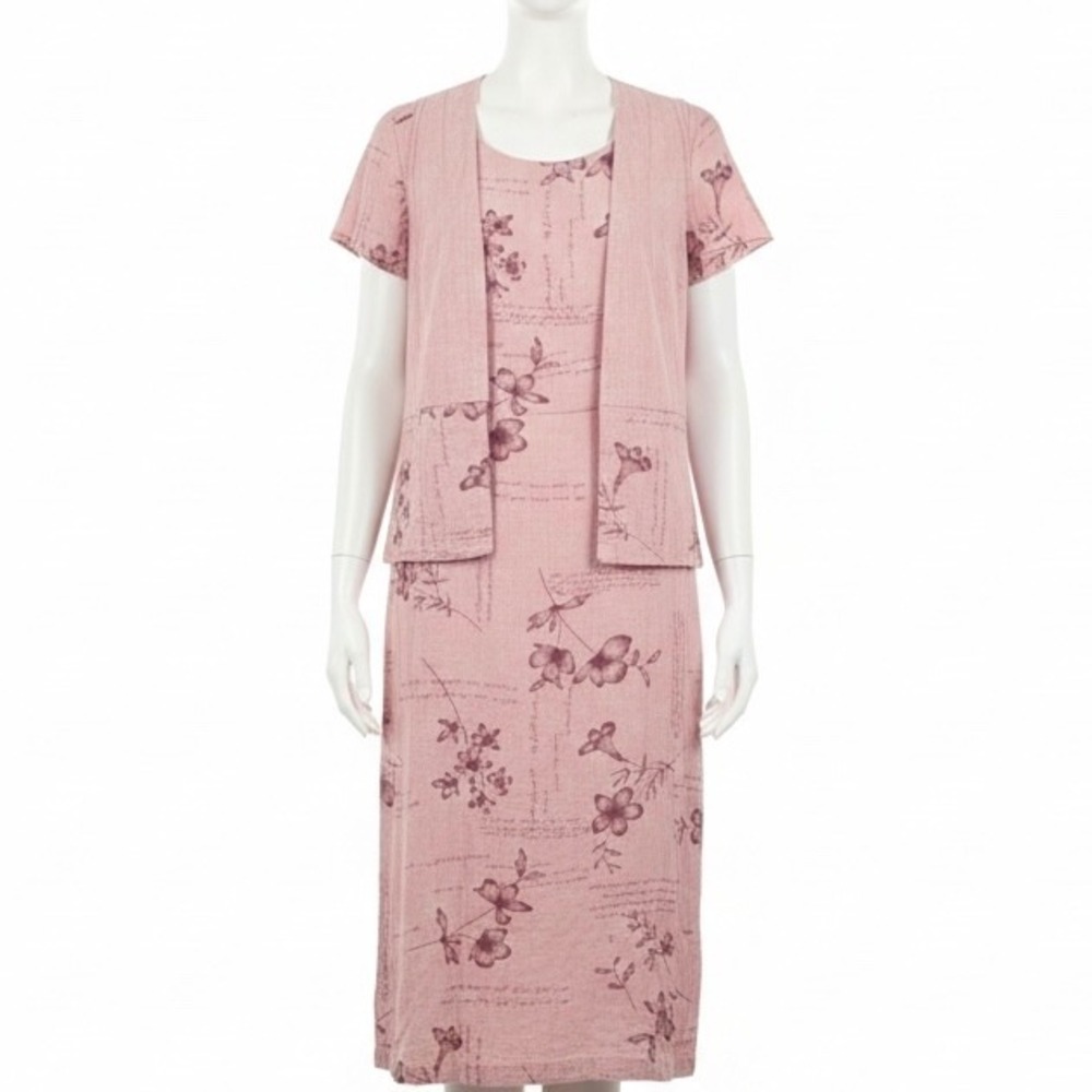 Sweet Jessie Petite XS 2 Piece Set Dress Vest Pink Floral Script Linen‎ Coastal